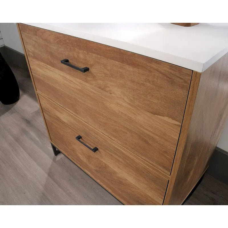 Classeur latéral à 2 tiroirs en bois de chêne avec plateau blanc et base en métal