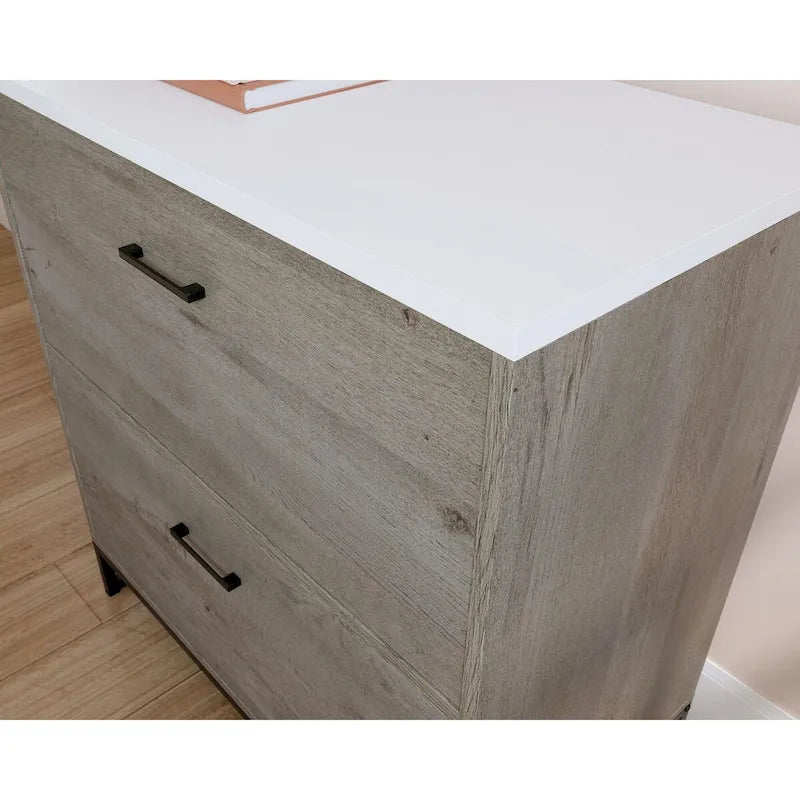 Classeur latéral à 2 tiroirs en bois de chêne avec plateau blanc et base en métal