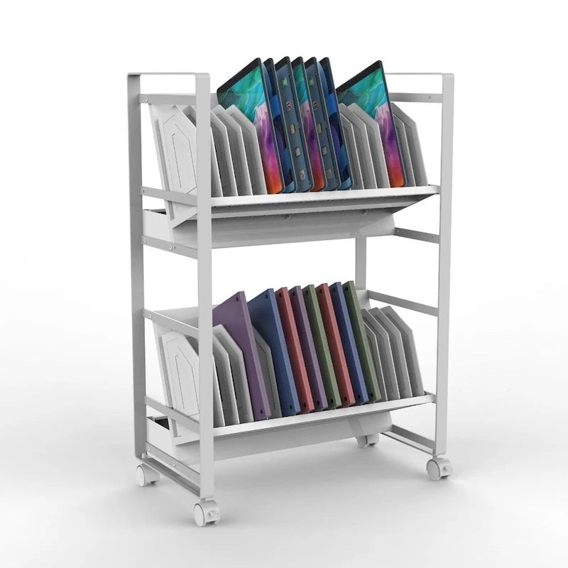 Chariot de recharge roulant ouvert en acier blanc à 32 emplacements pour tablettes et Chromebooks