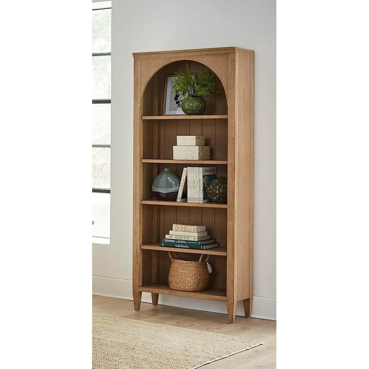 Étagère Ouverte avec Détails en Arc, Finition Bois, Marron, 5 Tablettes de Rangement