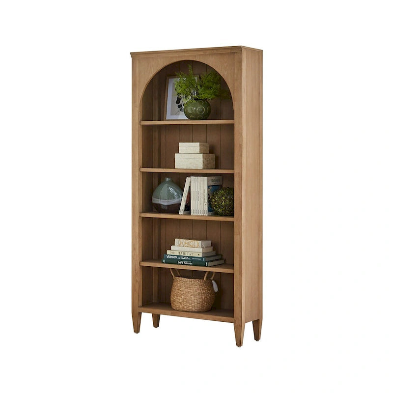 Étagère Ouverte avec Détails en Arc, Finition Bois, Marron, 5 Tablettes de Rangement