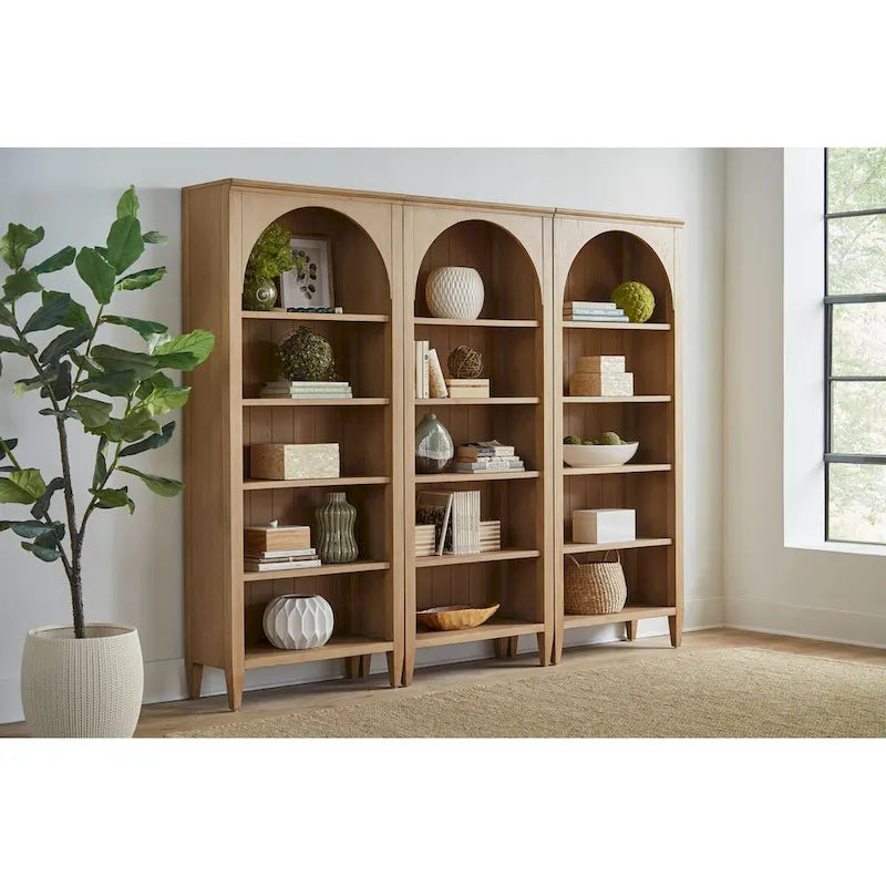 Étagère Ouverte avec Détails en Arc, Finition Bois, Marron, 5 Tablettes de Rangement