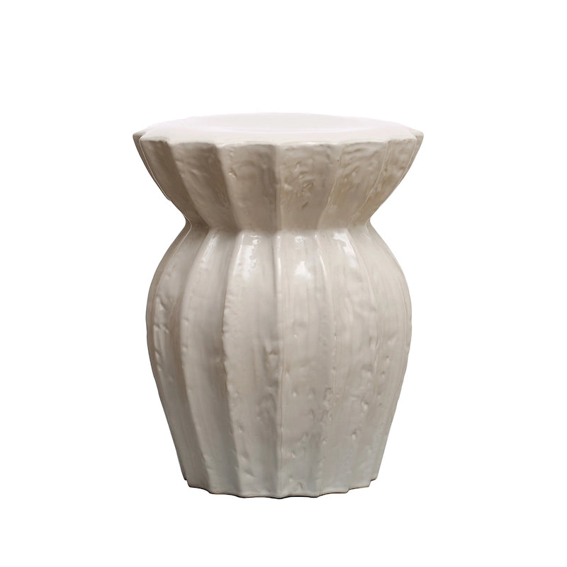 Tabouret de jardin en grès blanc sculpté, céramique cannelée brillante