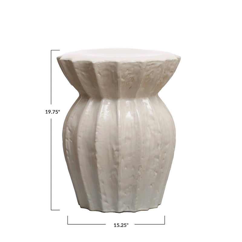 Tabouret de jardin en grès blanc sculpté, céramique cannelée brillante