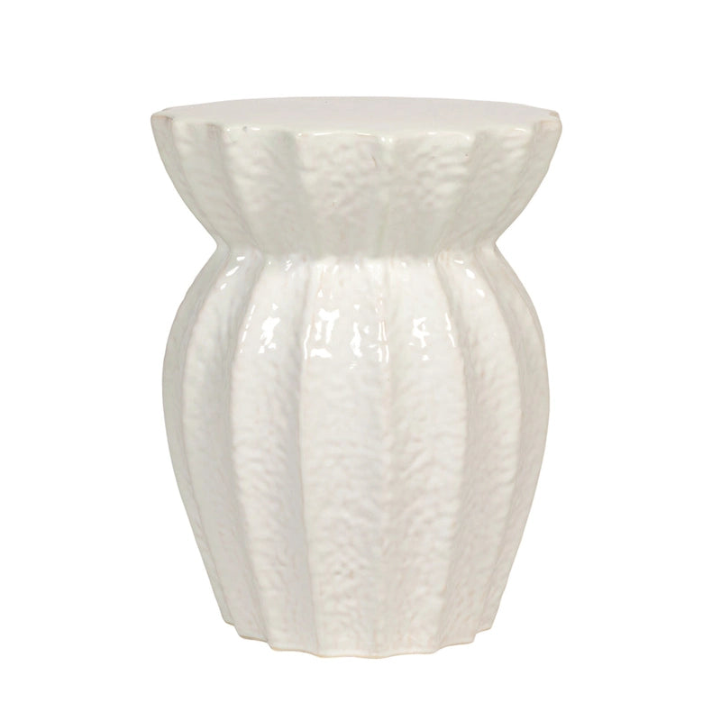 Tabouret de jardin en grès blanc sculpté, céramique cannelée brillante