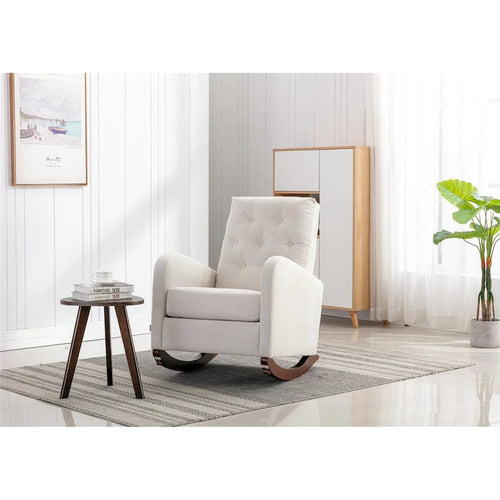 Fauteuil à bascule en velours capitonné beige à haut dossier avec piètement en bois