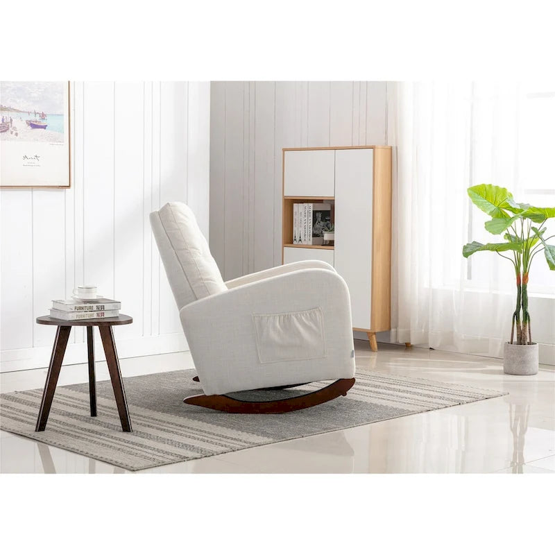 Fauteuil à bascule en velours capitonné beige à haut dossier avec piètement en bois