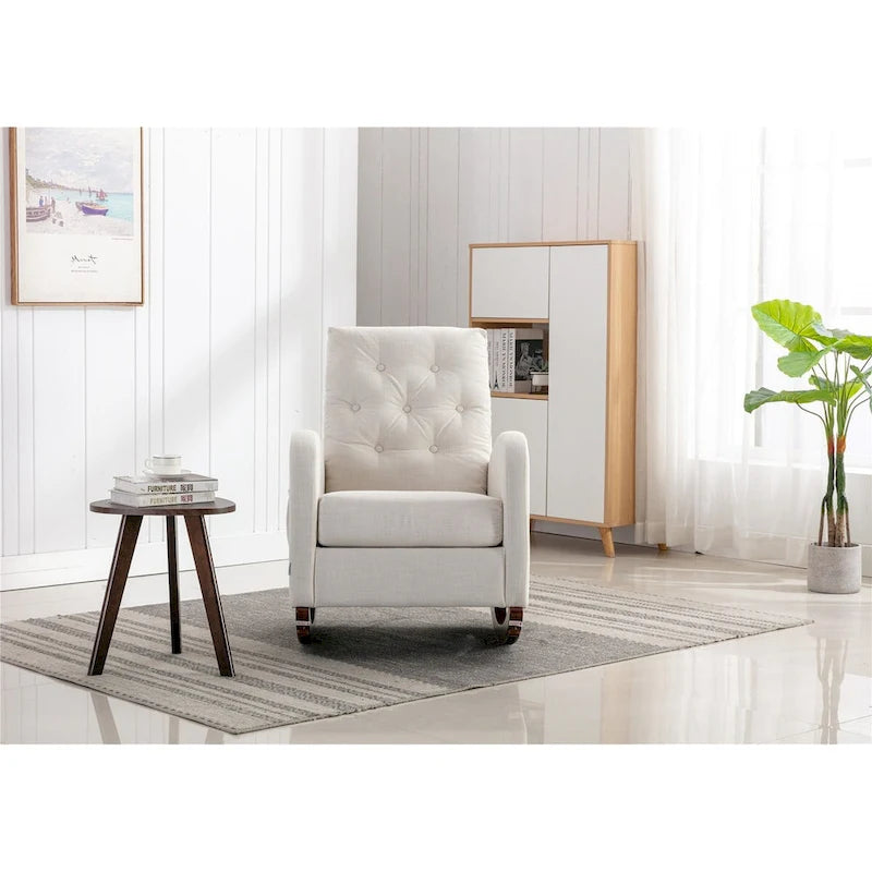 Fauteuil à bascule en velours capitonné beige à haut dossier avec piètement en bois