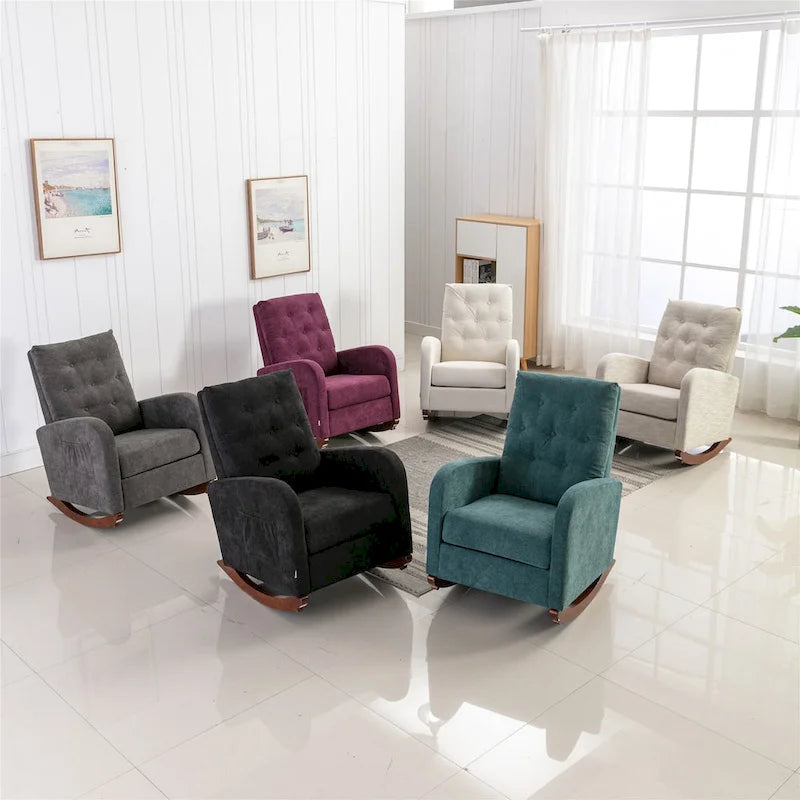 Fauteuil à bascule en velours capitonné beige à haut dossier avec piètement en bois
