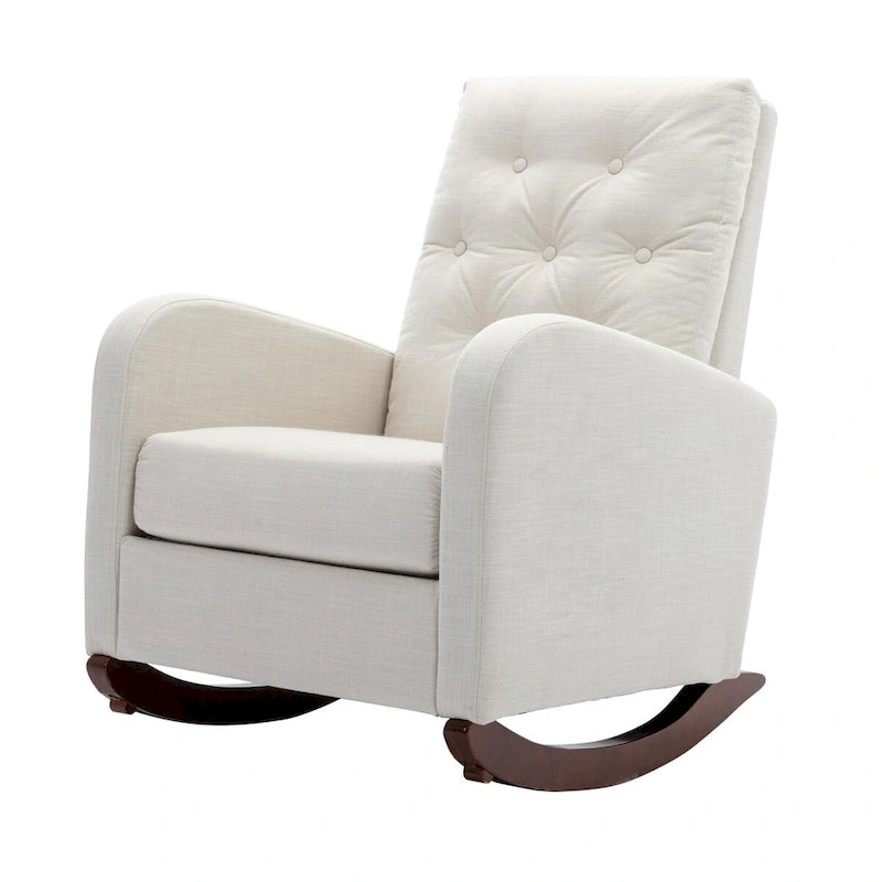 Fauteuil à bascule en velours capitonné beige à haut dossier avec piètement en bois