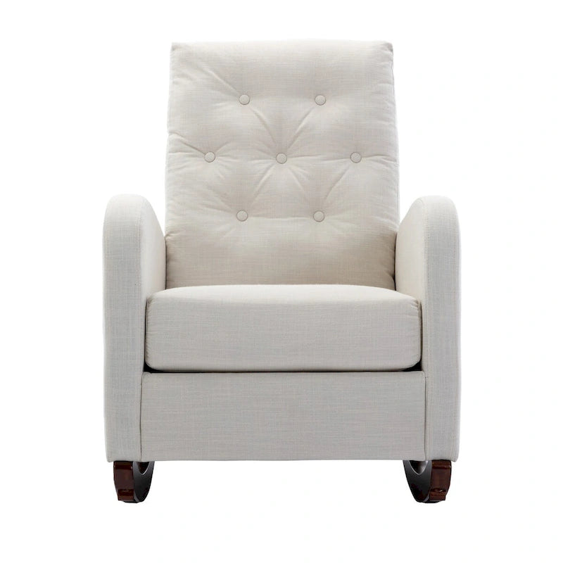 Fauteuil à bascule en velours capitonné beige à haut dossier avec piètement en bois