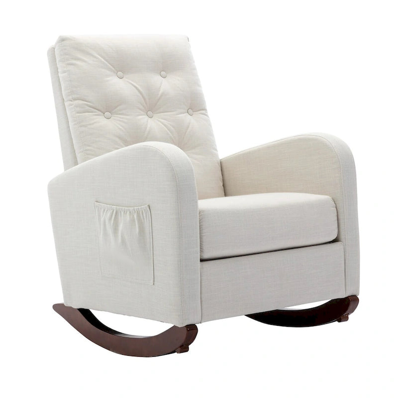 Fauteuil à bascule en velours capitonné beige à haut dossier avec piètement en bois