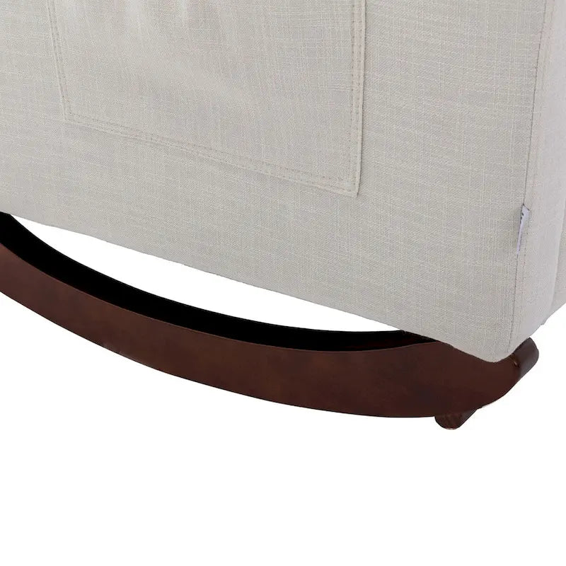 Fauteuil à bascule en velours capitonné beige à haut dossier avec piètement en bois