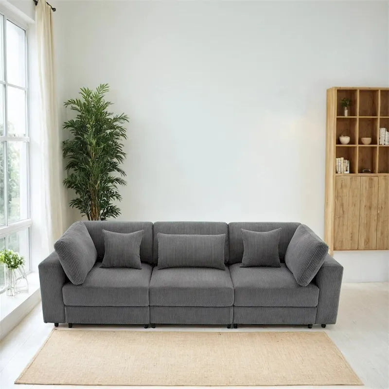 Canapé 3 places en velours côtelé avec coussins décoratifs, Gris / Beige