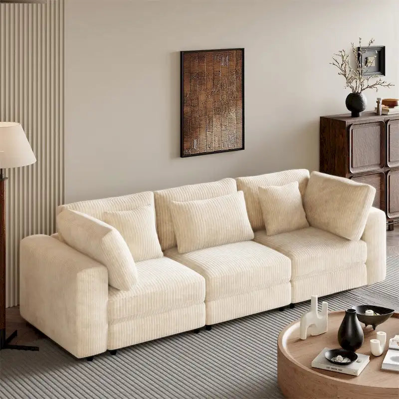 Canapé 3 places en velours côtelé avec coussins décoratifs, Gris / Beige