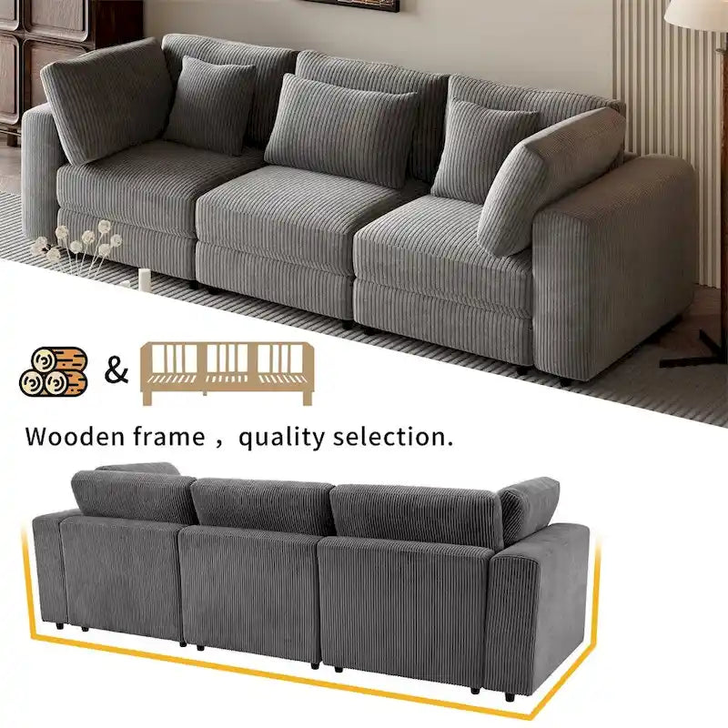 Canapé 3 places en velours côtelé avec coussins décoratifs, Gris / Beige