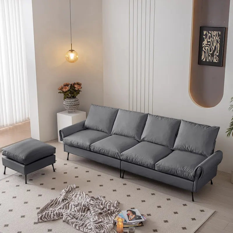 Canapé d'angle en cuir technique gris foncé avec accoudoirs roulés
