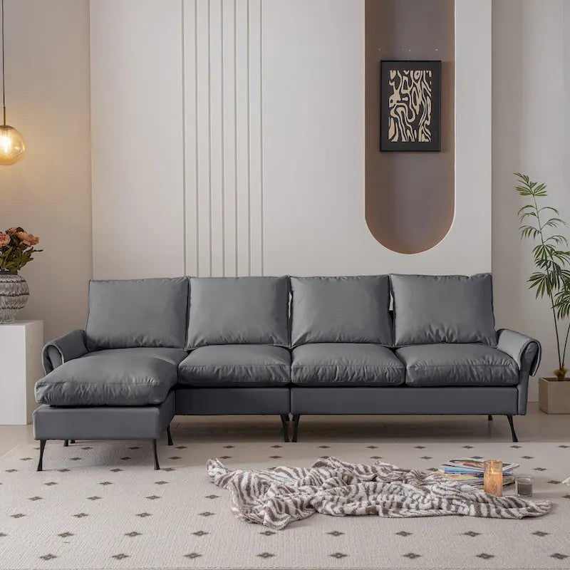 Canapé d'angle en cuir technique gris foncé avec accoudoirs roulés