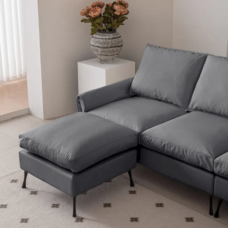 Canapé d'angle en cuir technique gris foncé avec accoudoirs roulés