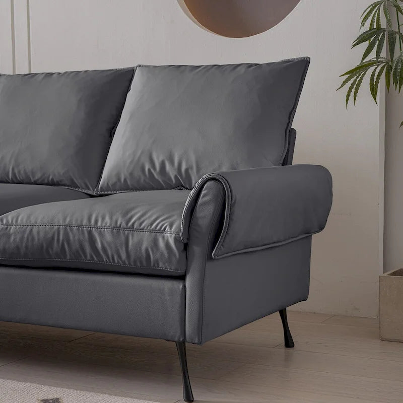 Canapé d'angle en cuir technique gris foncé avec accoudoirs roulés