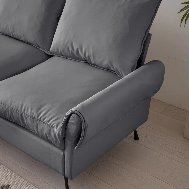 Canapé d'angle en cuir technique gris foncé avec accoudoirs roulés