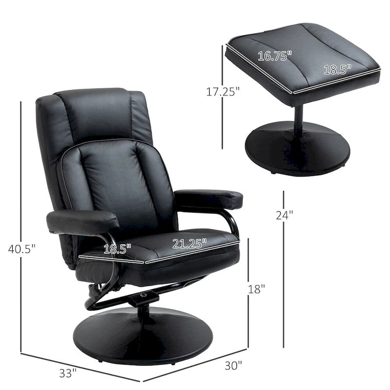 Fauteuil inclinable pivotant en similicuir noir avec repose-pieds ottoman rembourré