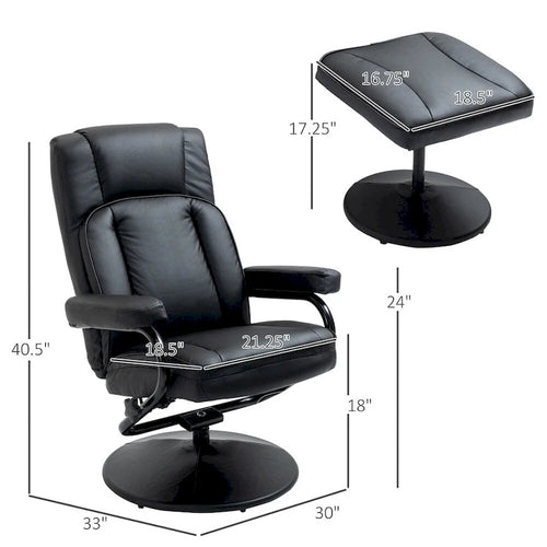 Fauteuil inclinable pivotant en similicuir noir avec repose-pieds ottoman rembourré