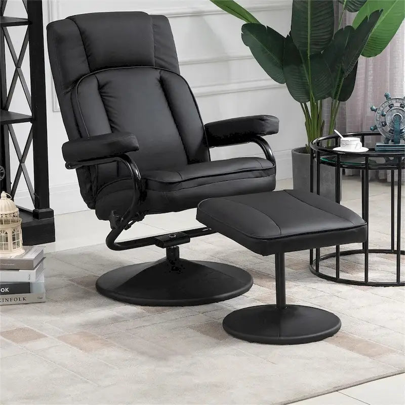Fauteuil inclinable pivotant en similicuir noir avec repose-pieds ottoman rembourré