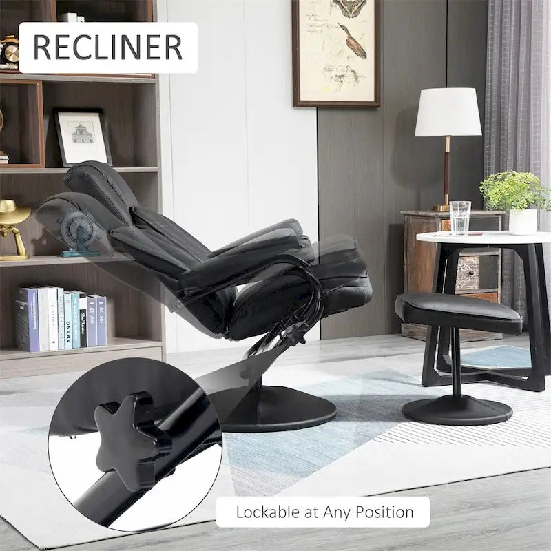 Fauteuil inclinable pivotant en similicuir noir avec repose-pieds ottoman rembourré