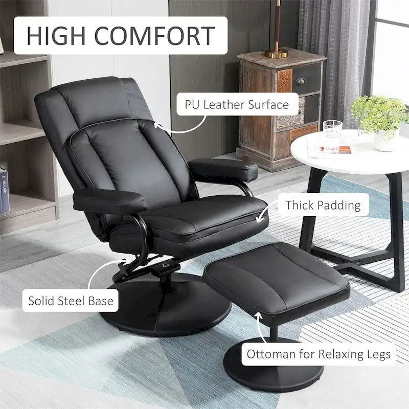 Fauteuil inclinable pivotant en similicuir noir avec repose-pieds ottoman rembourré