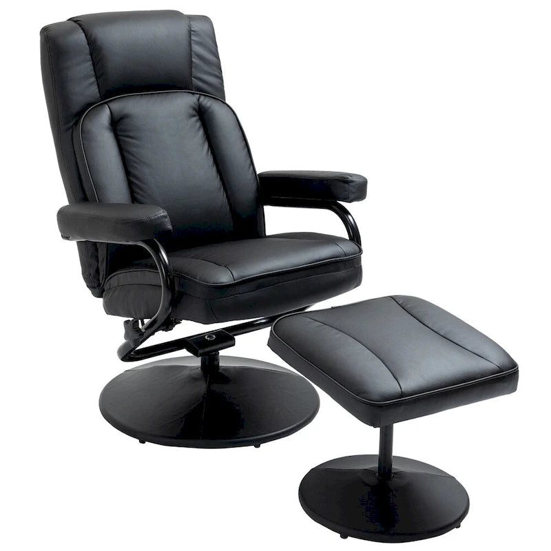 Fauteuil inclinable pivotant en similicuir noir avec repose-pieds ottoman rembourré