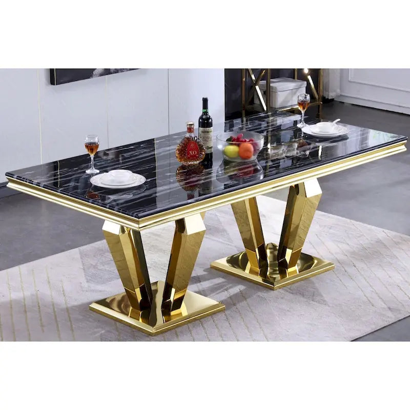 Table à manger rectangulaire effet marbre ultra-brillant piétement géométrique chromé argent noir