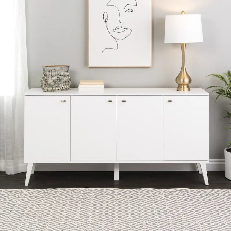 Buffet 4 portes Mid-Century Modern avec étagères réglables Blanc