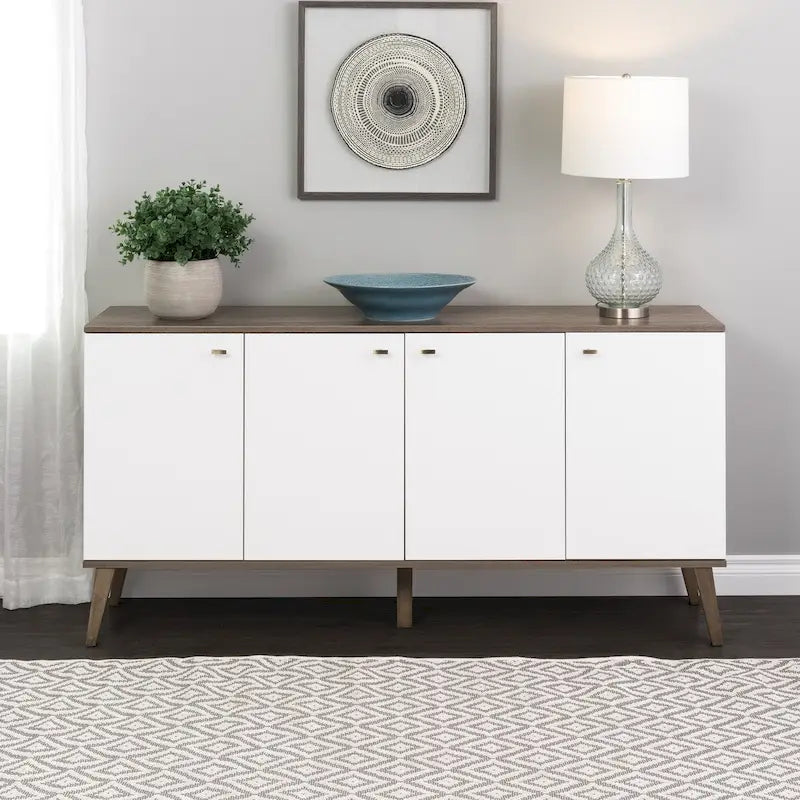 Buffet 4 portes Mid-Century Modern avec étagères réglables Blanc