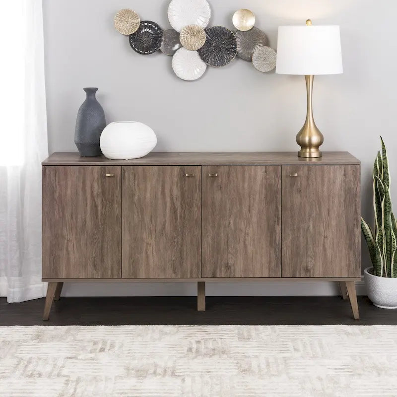 Buffet 4 portes Mid-Century Modern avec étagères réglables Blanc
