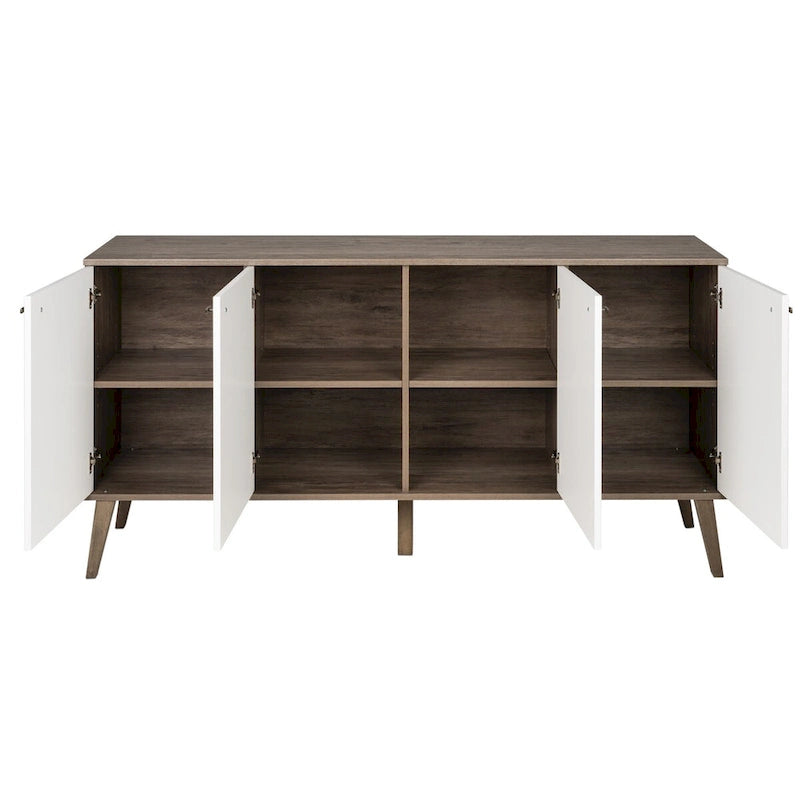 Buffet 4 portes Mid-Century Modern avec étagères réglables Blanc