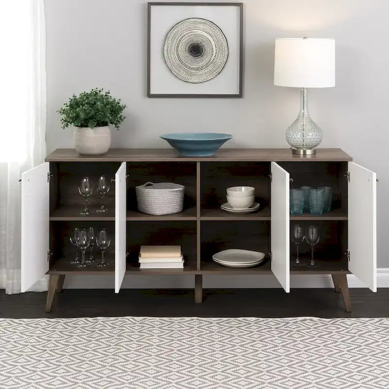 Buffet 4 portes Mid-Century Modern avec étagères réglables Blanc