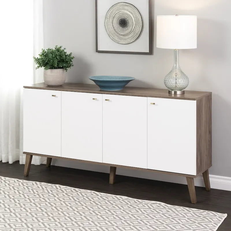 Buffet 4 portes Mid-Century Modern avec étagères réglables Blanc