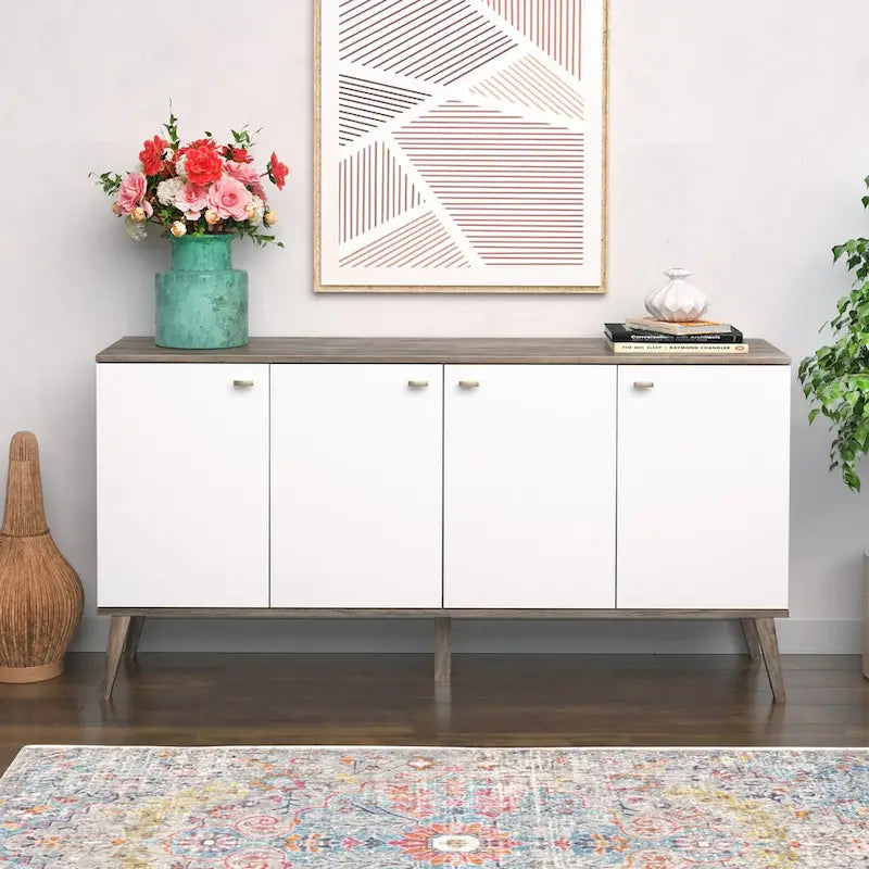 Buffet 4 portes Mid-Century Modern avec étagères réglables Blanc