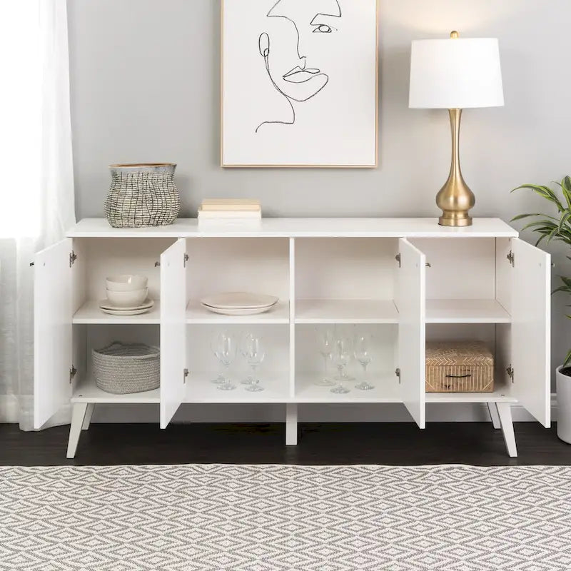 Buffet 4 portes Mid-Century Modern avec étagères réglables Blanc