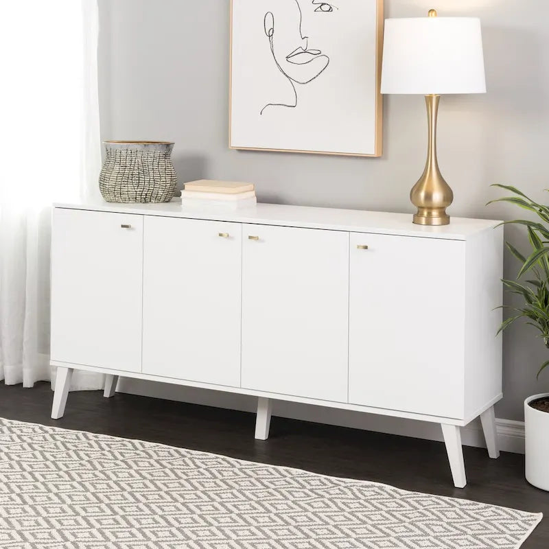 Buffet 4 portes Mid-Century Modern avec étagères réglables Blanc