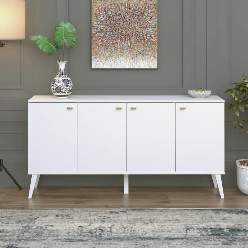 Buffet 4 portes Mid-Century Modern avec étagères réglables Blanc