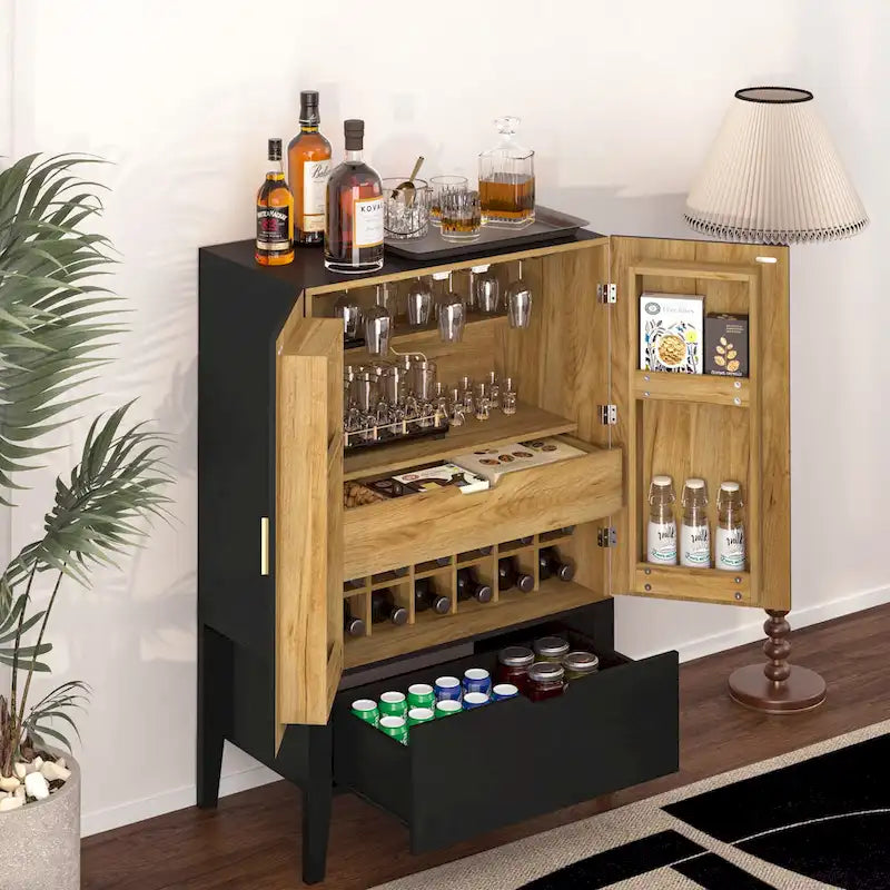 Meuble Bar Industriel avec Casier à Bouteilles Porte-Verres Tiroir Double Porte
