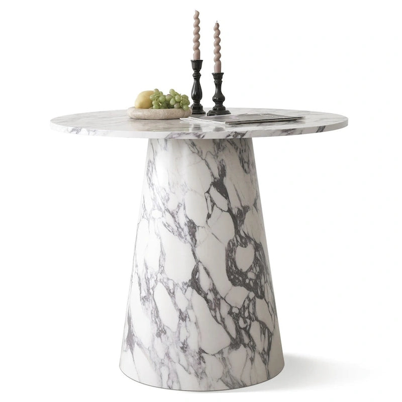 Table à manger sur pied en marbre blanc rond avec base conique