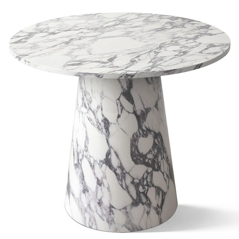Table à manger sur pied en marbre blanc rond avec base conique