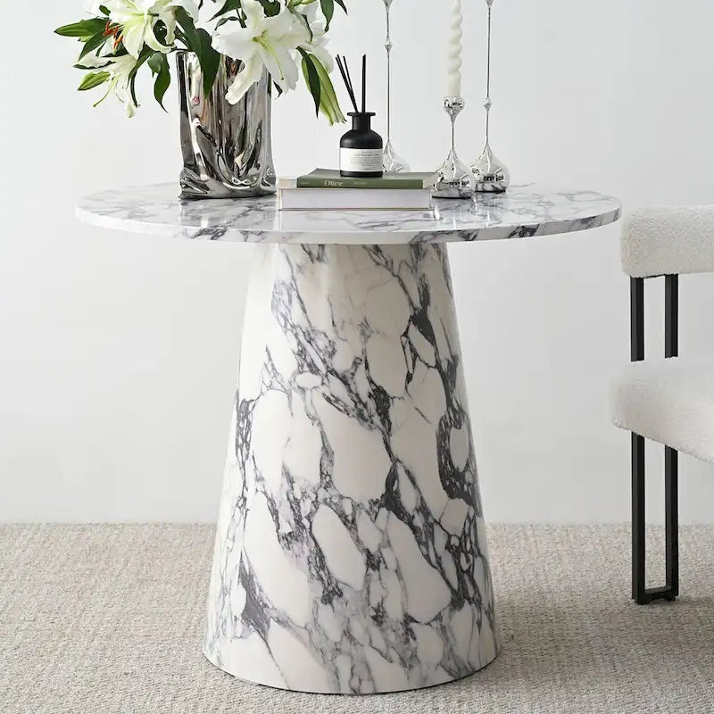 Table à manger sur pied en marbre blanc rond avec base conique