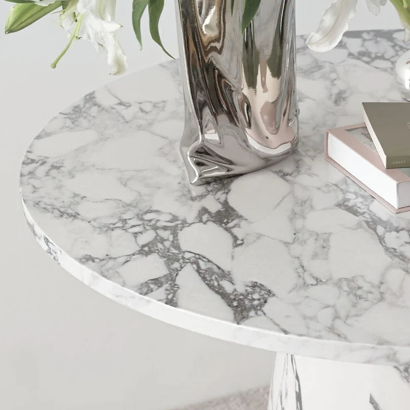 Table à manger sur pied en marbre blanc rond avec base conique